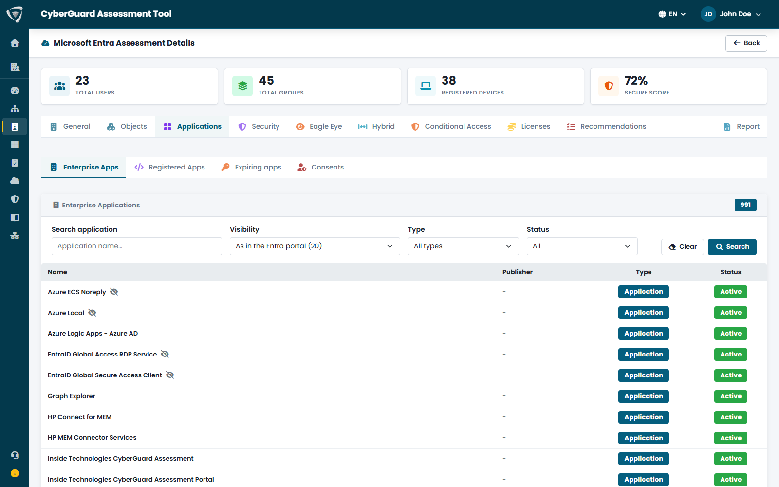 Enterprise application del tenant Microsoft Entra con tipo e stato