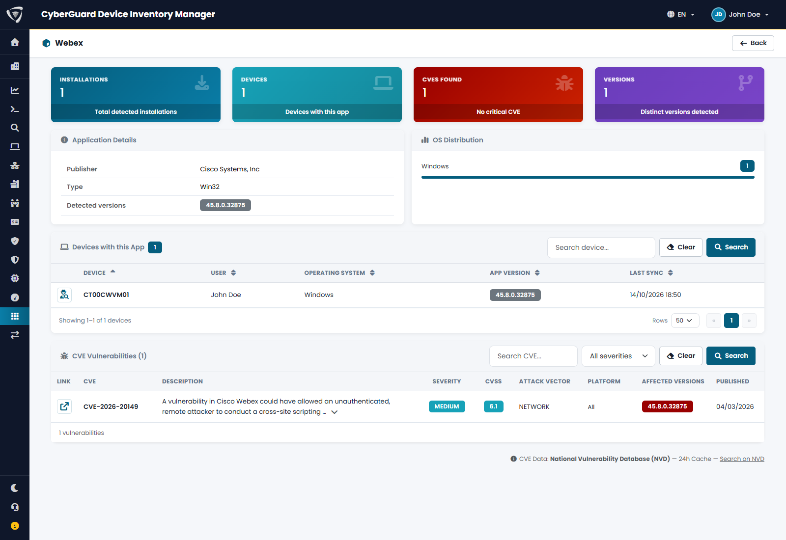 Dettaglio di un'applicazione con versioni installate e vulnerabilità note