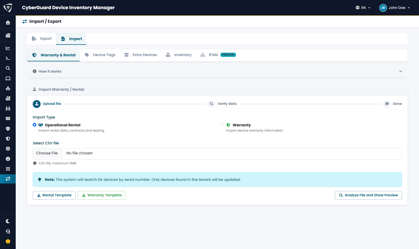 Sezione Import con caricamento dei file CSV