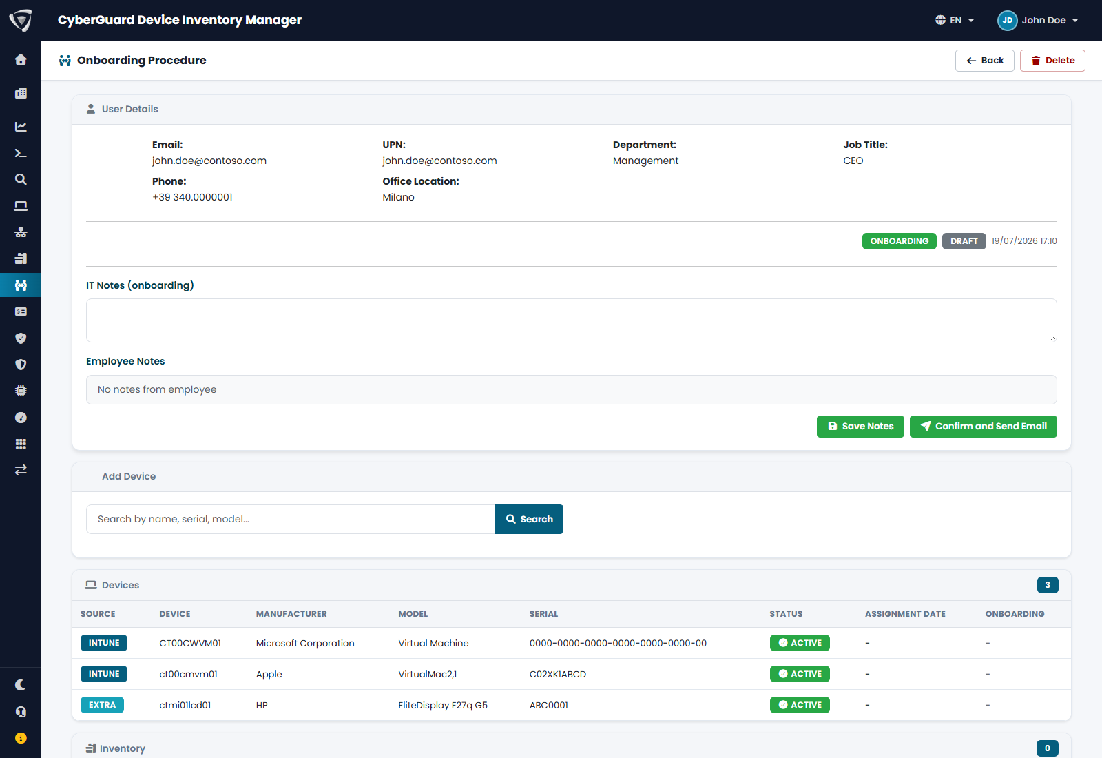Dettaglio di un onboarding con dispositivi consegnati e stato