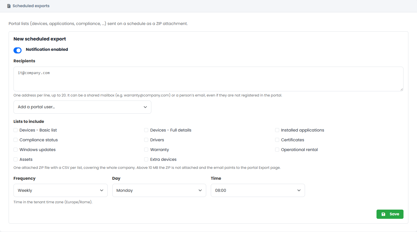 Configurazione di un export programmato con destinatari, elenchi da includere, frequenza, giorno e ora